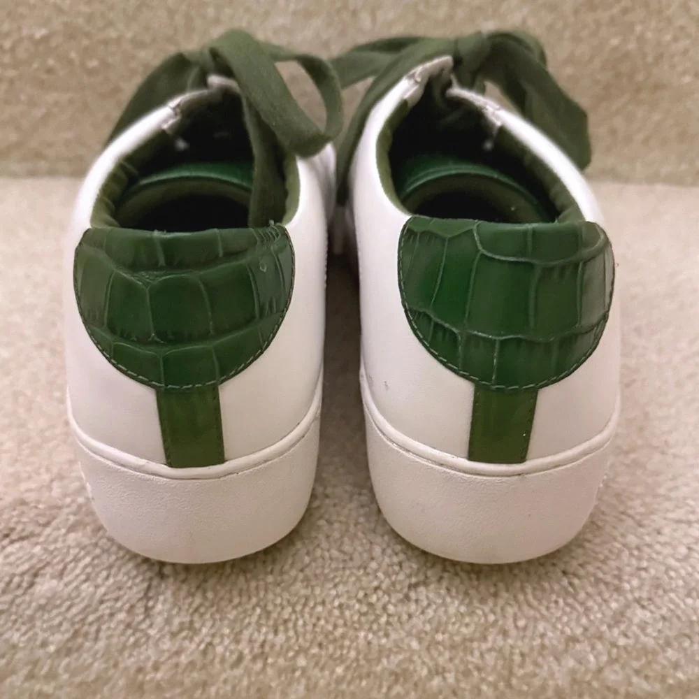 Michael Kors White Leather Low Top Sneakers Green Croc Trim Perforated Womens 8M